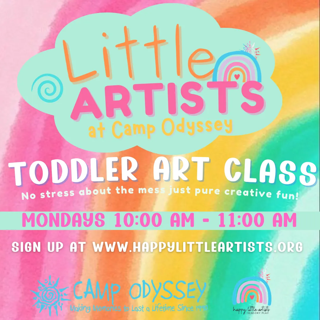 Little Artists toddler art class flyer: Mondays 10:00 to 11:00 AM at Camp Odyssey