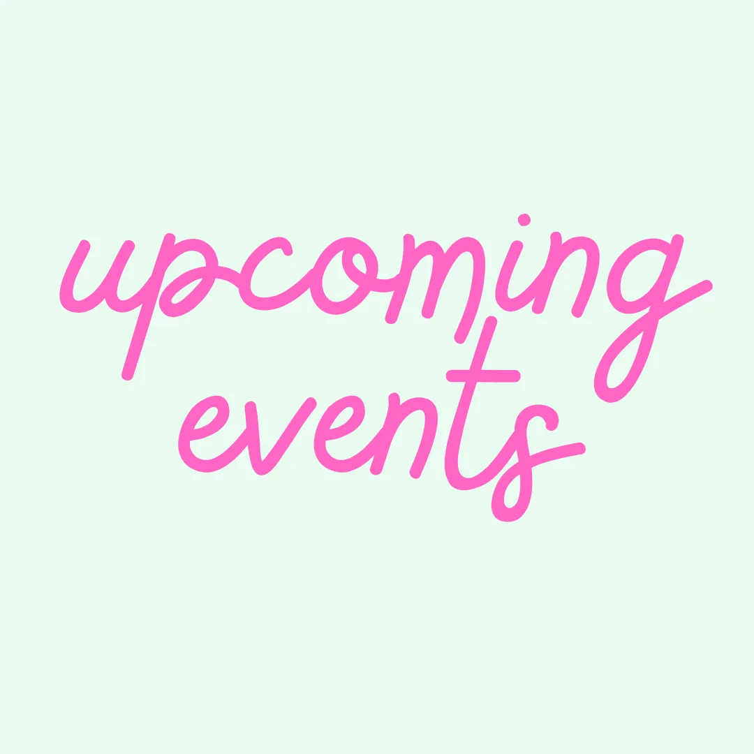 "Upcoming events" hand-lettered in pink on a mint background